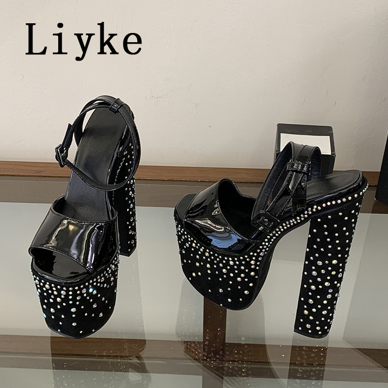 Street Fashion Shoes - Liyke Modische Kristall-Strass Plateau-Sandalen mit Hohem