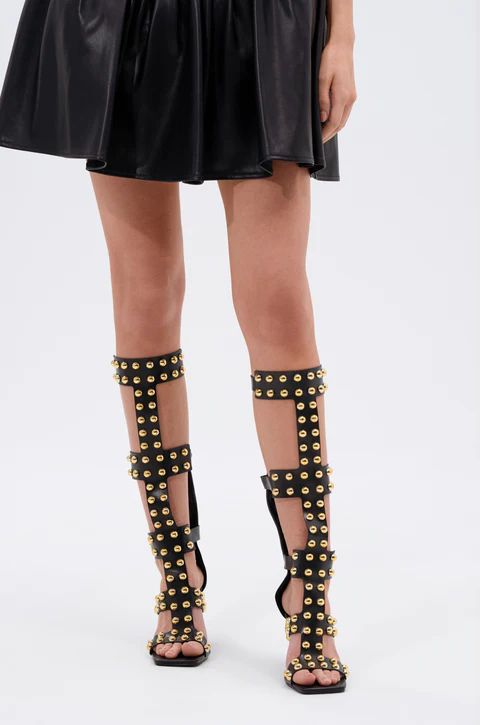 Street Fashion Dress - Schwarze Gladiator-Sandalen für Damen, Goldnieten, Dekor,