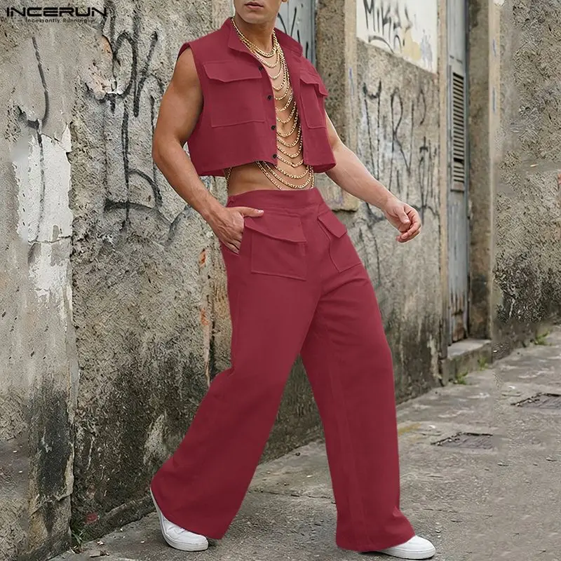 Street Fashion Casual - INCERUN Herren-Sets Einfarbiges Ärmelloses Crop-Top Hemd