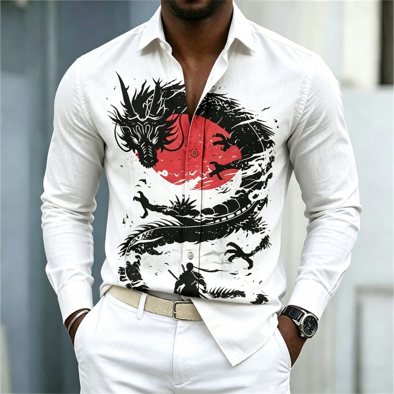 Street Fashion Casual - 2026 Neues Herrenhemd Weiß Schwarz Rot