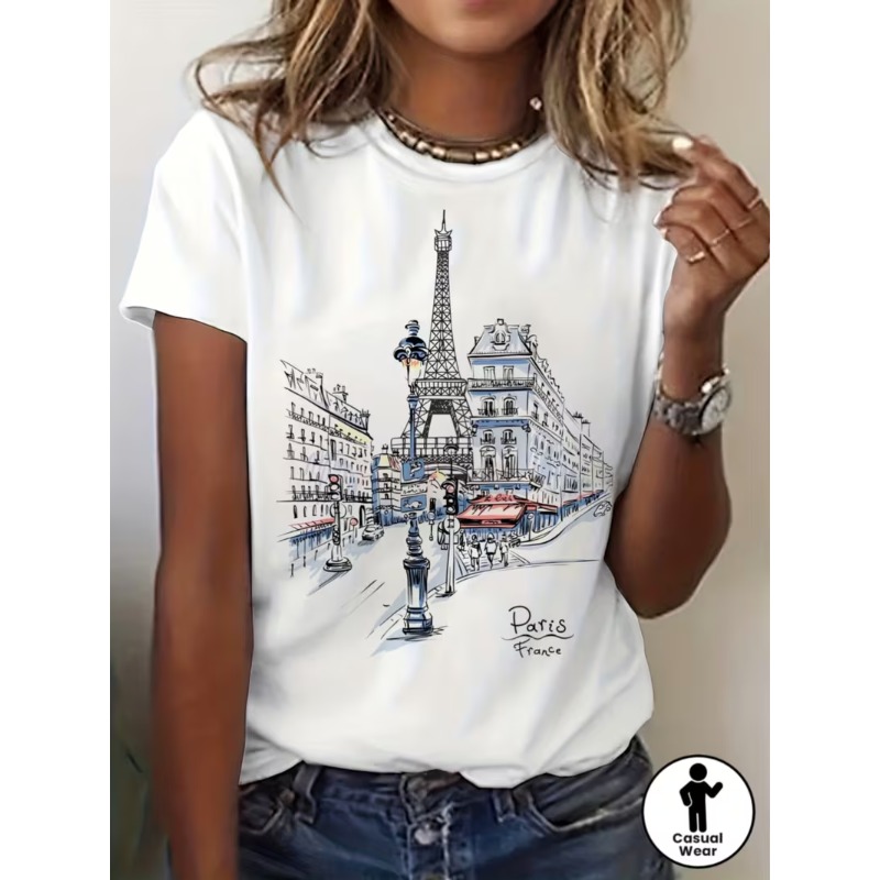 Street Fashion In Paris - Paris Frankreich Eiffelturm-Skizzen-Grafik-T-Shirt, lässiges Kurzarm-T-Shirt für