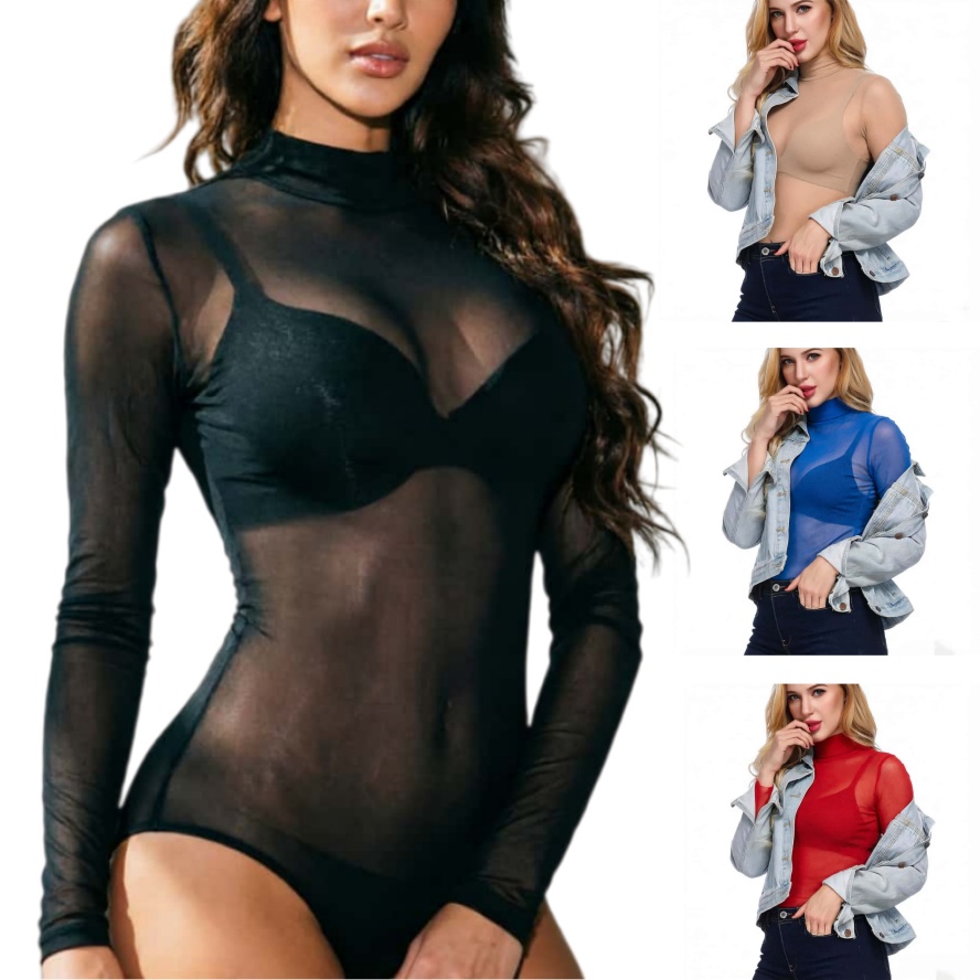 Mesh Top Layering - FREEAUCE NEU Langärmliger Einteiler Transparenter Schwarzer