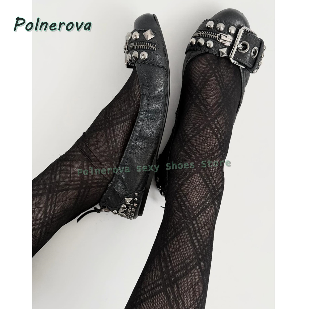Street Fashion Shoes - Nieten-Gürtelschnallen Mary Jane Schuhe Spitze Flache