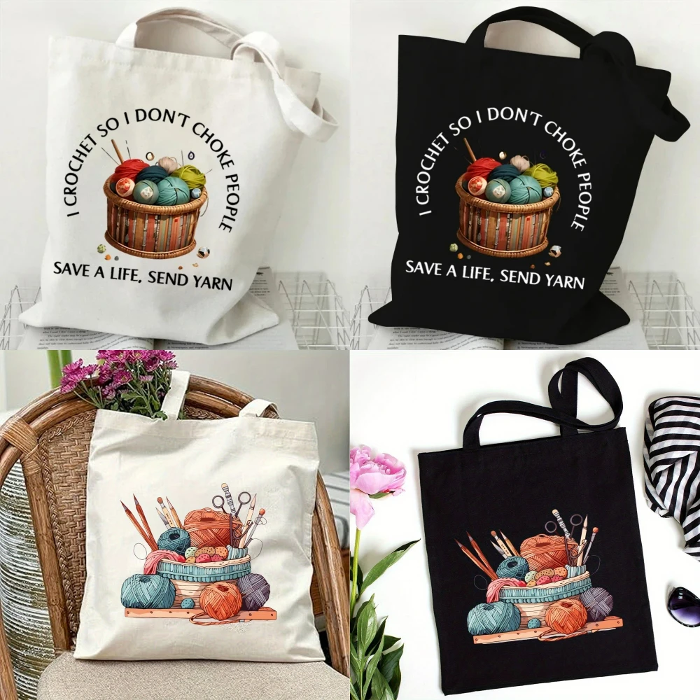 Tote Bag Canvas Print - Klassische Wollknäuel-Strickhandtasche für Damen, Canvas-Einkaufstasche, umweltfreundliche