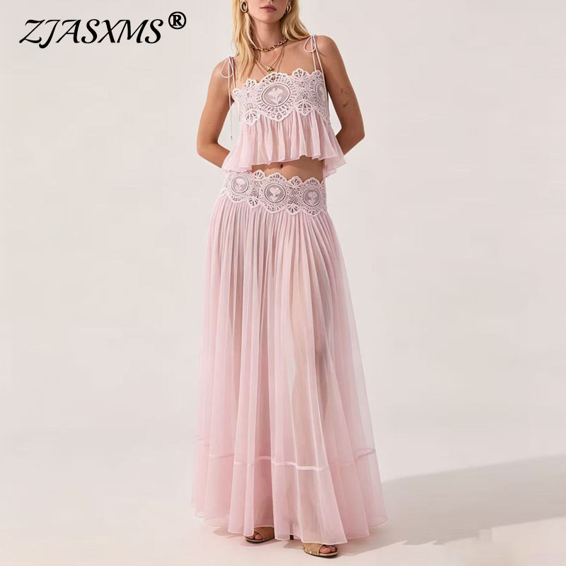 Mesh Top Layering - Damen Spitzen-Spaghettiträger-Crop-Top und langer Rock Zweiteiler-Set