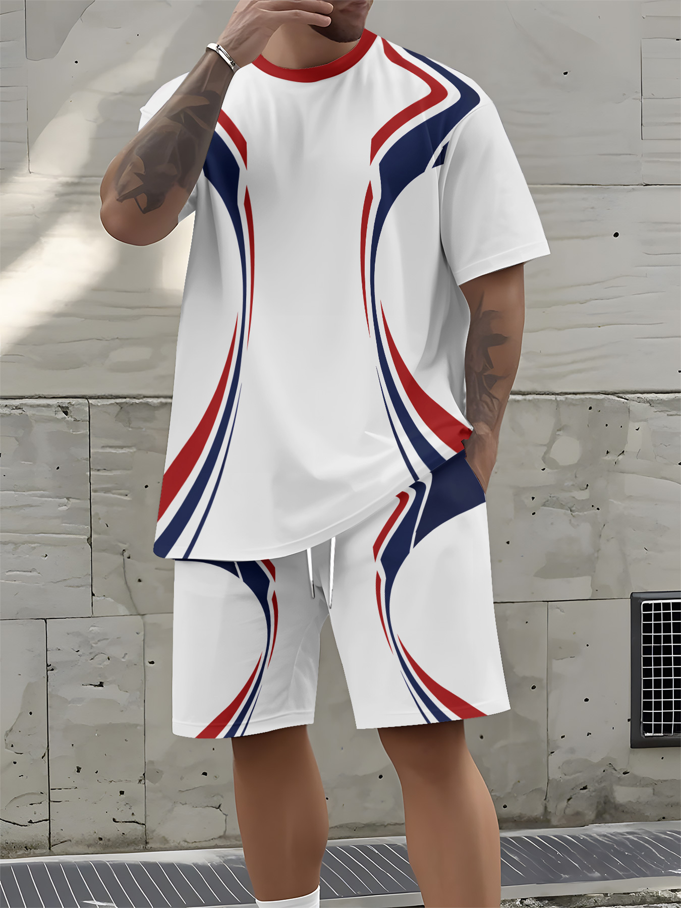 Street Fashion Summer 2026 - 2026 Sommer Neues Herren-Kurzarm-Set mit 3D-Streifenmuster-Print